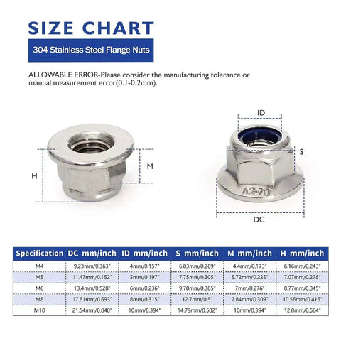 Beefy Flange Lock Nuts With Nylon Insert, 304 Stainless Steel DIN985 size chart, M4 to M10, dimensions and specifications.
