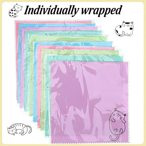 20 Pcs Kitty Design Microfiber Cleaning Cloths For Glasses And Phones 6x6 Inches, pastel colors, individually wrapped
