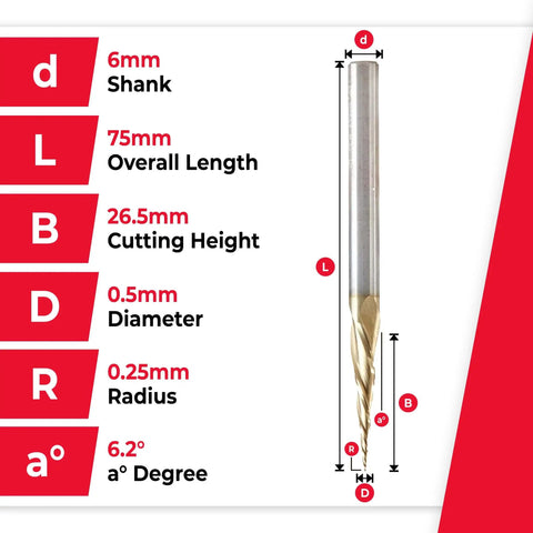 Diagram of Pro Grade CNC Carving Ball Nose Router Bit Angled 6.2 Degree ZrN Coated 0.5 Dia 0.25 Rad 75mm Shank 3 Flute Model 46473 26.5 CH