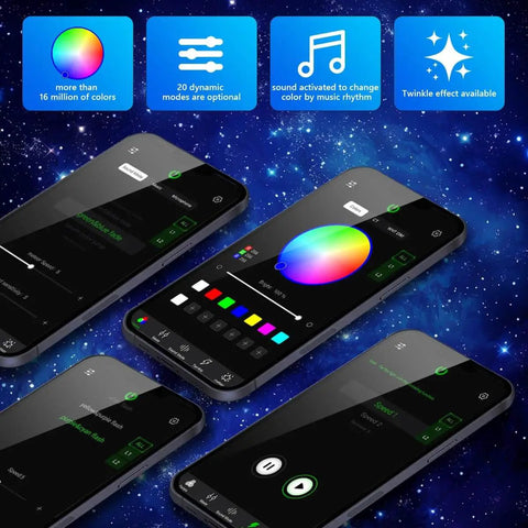 16W Dope Twinkle And Sound Mode RGBW Fiber Optic Star Ceiling Light Kit app features on smartphone screens against starry background