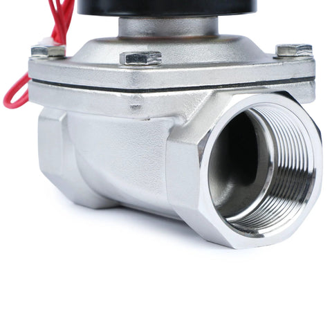 Solenoid valve, 1-1/2 inch, stainless steel, 12V DC, normally closed, Viton seal, red wiring visible, threaded inlet