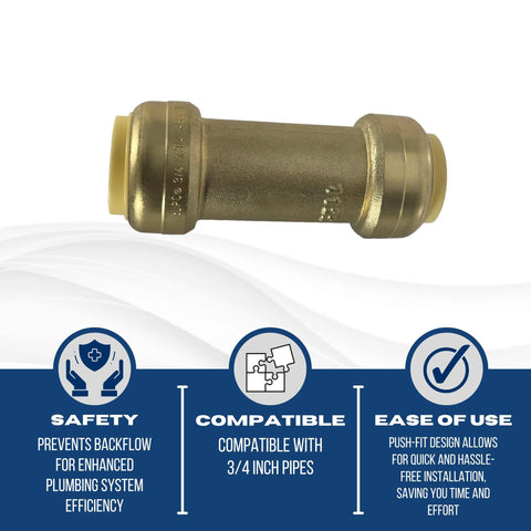 Brass push-fit check valve, 3/4 in x 3/4 in, NSF ANSI61 certified plumbing fitting for copper/PEX/CPVC, 1 pack