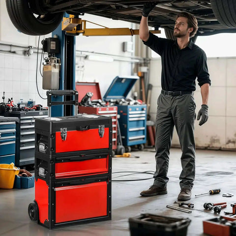 Heavy Duty Rolling Tool Chest With Three Tier Stackable Design On Wheels For Tools And Small Parts in garage setting