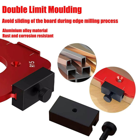 Aluminum 4 In 1 Rounded Corner Router Template Kit with Edge Guide Radius Template showing red template and milling bit set.