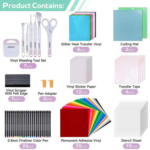 Image showing the Ultimate All In One Craft Kit Bundle with vinyl sheets, glitter heat transfer vinyl, tools, and accessories.