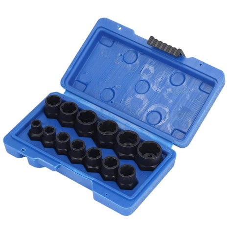 Beefy Nut Remover Set For Rusted Damaged Stripped Fasteners High Torsion Socket Kit In Metric And SAE Sizes in blue case