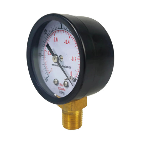 Beefy Dry Utility Vacuum Pressure Gauge With Dual Scale PSI And Bar 30 InHg To 0 PSI Black Steel Lower Mount Quarter Inch NPT