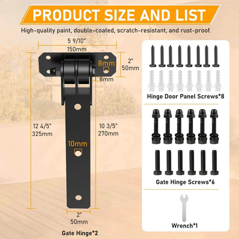 Product size chart of 900 Lb Capacity Gate Hinge With Built In Ball Bearings, matte black finish, includes screws and wrench