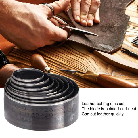 Close-up of 8-Piece Leather Cutting Dies Set With 25mm To 60mm Round Hollow Punch Tools for DIY leather crafting, shown with leather work.