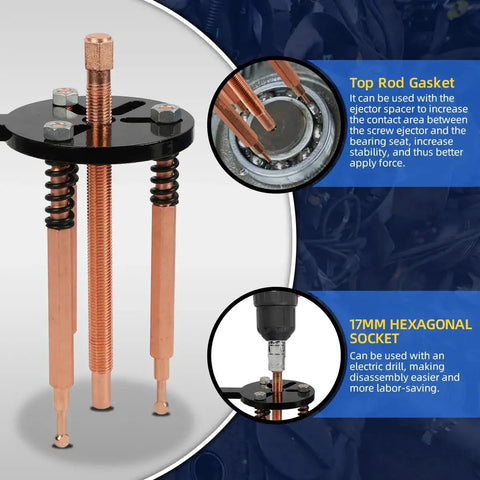 Versatile Bearing Puller Kit For Internal And External Removal showing a top rod gasket and 17mm hexagonal socket in use.