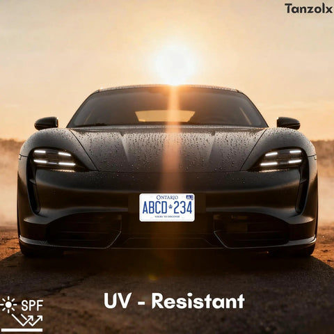 Two Pack Clear License Plate Covers Unbreakable Bubble Shield For US And Canada Cars Street Legal And Universal Fit With UV Protection Heavy Duty Protector Includes Screws installed on a sleek black car with a clear license plate.