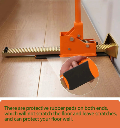 Ratcheting Flooring Jack Hardwood Laminate Plank Tongue And Groove Straightener with protective rubber pads, side view.