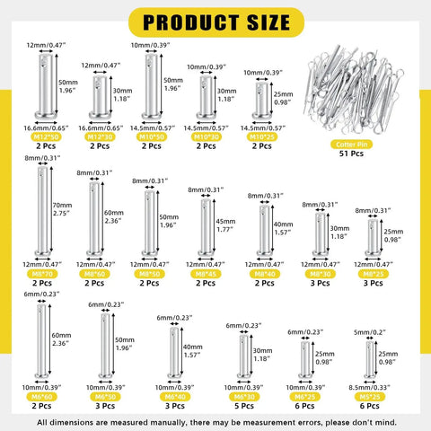Clevis Pin Kit 51 Single Hole Flat Head Clevis Pins In 18 Sizes Plus 51 Random Size Split Cotter Pins Three Sixteenths Inch To One Half Inch Zinc Plated Carbon Steel Easy Storage In Plastic Organizer Box Great For Garage Use Total 102 Pieces product size chart.