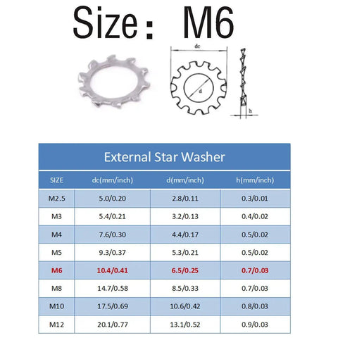304 Stainless Steel External Tooth Star Lock Washers Kit With Circlips Snap Rings, M6 Size, size chart and diagram view