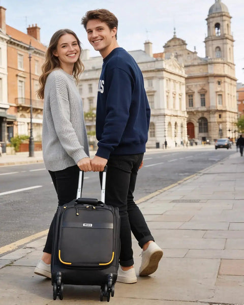 Couple strolling with Underseat Carry On Luggage 16 Inch Softside With Detachable Spinner Wheels Lightweight Overnight Travel Bag