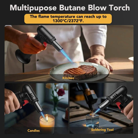 Butane Torch Lighter With Visible Fuel Window Refillable Soldering Torch With Adjustable Flame for Welding Resin Art and Industrial DIY Projects Easy One Handed Operation shown in kitchen, candle lighting, and soldering tool use.