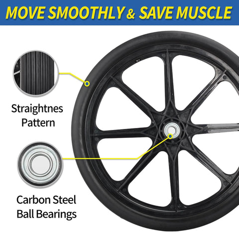 Flat Free Twenty Inch Tire And Wheel Set With Centered Hub Two And Half Inch For Wheelbarrow And Garden Cart Replacement Two Pack Puncture Proof Polyurethane Solid Wheel Bearing Three Quarter And Five Eighth Inch For Rubbermaid Style, showing a straightnes pattern and carbon steel ball bearings.