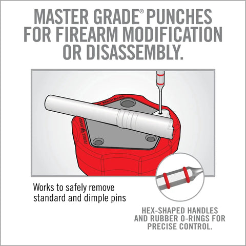 Illustration of 11 Piece Standard Punch Set With Pro Grade Heavy Duty Premium Steel Punches in use on red base for firearm modification.