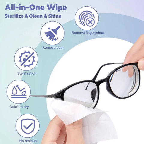 Hand using 200 Pack Lens Wipes For Glasses And Devices Individually Wrapped to clean eyeglasses, showing features like no residue and quick dry.
