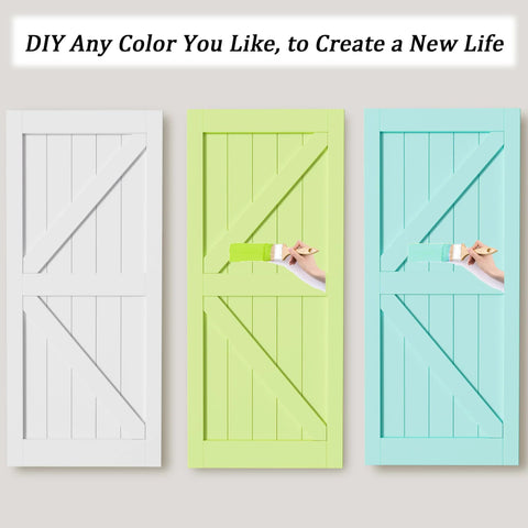42 Inch By 84 Inch Sliding Barn Door Kit With 7 Ft Hardware Track Included Heavy Duty Water Resistant Anti Scratch White MDF Wood Door DIY Friendly Easy Install K Frame in white, green, and blue colors.