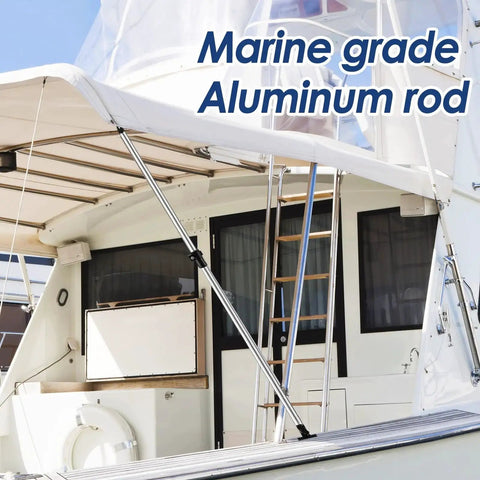 Marine-grade aluminum Bimini top rear support poles installed on a white yacht cockpit.