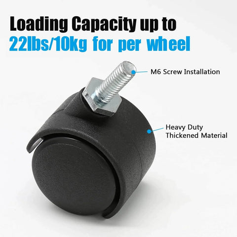 Close-up of 1 inch black swivel caster wheel with M6 threaded stem, showing heavy-duty nylon construction for furniture tables cabinets.
