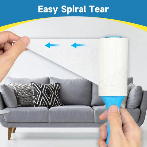 Extra Sticky Lint Roller With 600 Sheets, Easy Spiral Tear For Effortless Sheet Removal, shown in use near a sofa