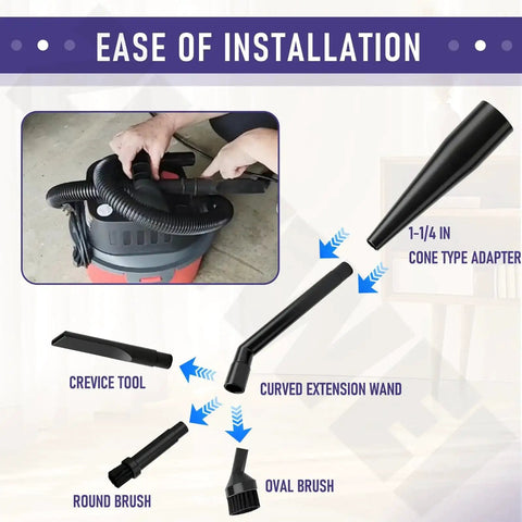 Diagram showing One And A Quarter Inch Micro Cleaning Wet Dry Vac Nozzle Kit With Cone Adapter and six attachments for installation.