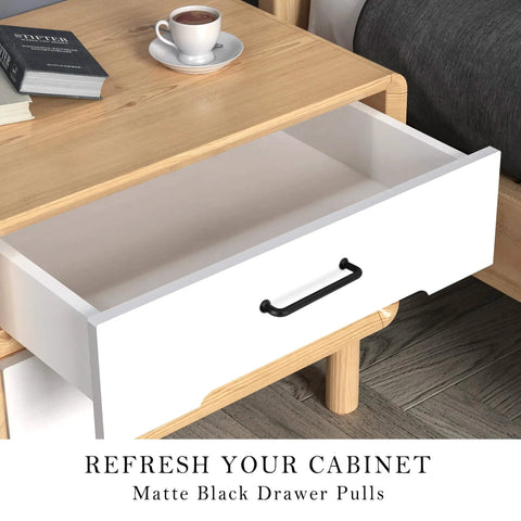 Open drawer with Ten Pack 5 Inch Matte Black Cabinet Handles for Cabinets and Drawers, Dope Modern Cylindrical Kitchen Pulls With One Piece Construction.