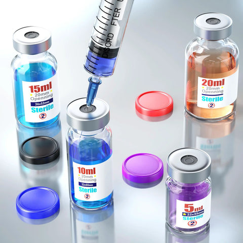 Ks-Tek sterile empty vials with self-healing injection port and flip-off caps; 5–20 ml, blue/orange/purple liquids.