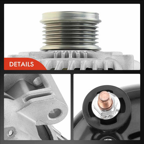 Close-up view of Beefed Up 12V 220Amp Alternator For Jeep Grand Cherokee Dodge Charger Durango And Ram 1500 3.6L V6, six groove pulley.