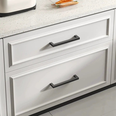10 Pack 5 Inch Black Cabinet Handles Matte Black Drawer Pulls Stainless Steel 128mm Square Bar Modern Cabinet Hardware For Kitchen Bathroom Cupboards Scratch Resistant Durable Finish With Easy Grip Comfortable Textured Surface For Daily Use installed on white kitchen drawers