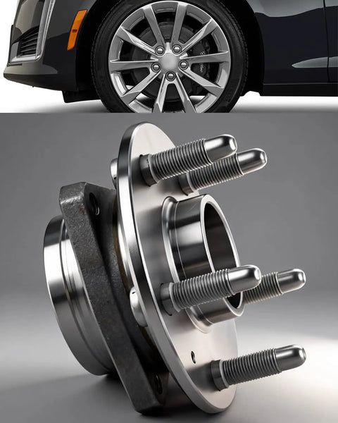 2 Pack Beefed Up Front And Rear Wheel Bearing And Hub Assembly For 2008 To 2019 Cadillac CTS 2010 To 2015 Chevy Camaro And 2018 To 2019 Impala 5 Lug With Encoder ABS Replacement Kit shown close-up and installed on a wheel