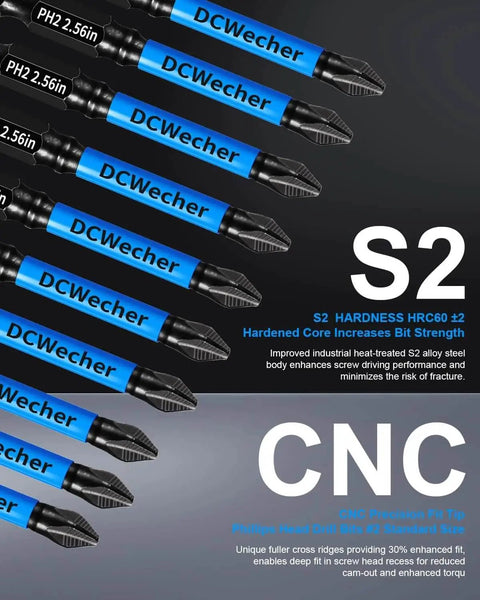 12 Pack Phillips Bits for Impact Drivers Magnetic Ph2 Set with Long Lengths 1 to 6 Inches S2 Alloy Steel CNC Anti Slip