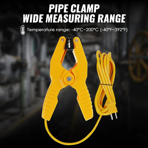 Yellow plastic pipe clamp thermometer with K-type thermocouple lead and jaw clip