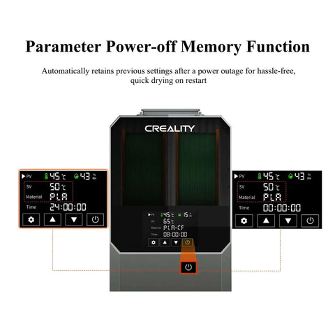Space Pi Filament Dryer Plus Dual Filament Dryer Box LCD screen showing controls for drying PLA, featuring power-off memory function.