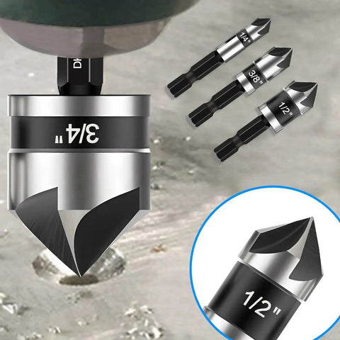 5 Pcs Countersink Drill Bit Set With 82 Degree 5 Flute Bits, One Quarter Inch Quick Change Hex Shank, displayed various sizes