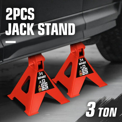 1 Pair 3 Ton Car Jack Stands With Adjustable Height For Cars SUVs Sedans in red under vehicle side view