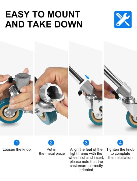 Installation steps for the Professional Light Stand Wheels Set 0.9 Inch 22mm Diameter Swivel Casters with Rubber Wheels and Foot Brake Lock.