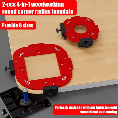 Aluminum 4 In 1 Rounded Corner Router Template Kit with edge guide on wooden surface showing red templates and bits.