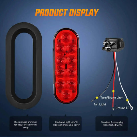 Six Inch Oval Trailer Tail Light Kit With Red And White 10 LED Per Light 6 Pack Flush Mount Grommets And Plugs IP67 Waterproof