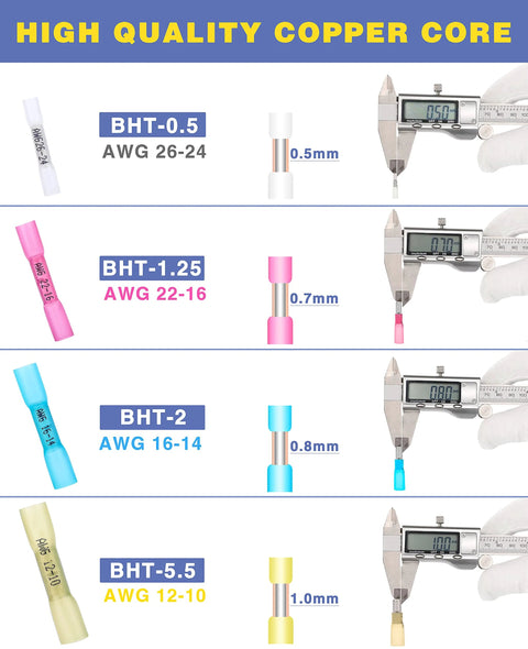Heat shrink butt connectors kit with four sizes (0.5–1.0mm) and AWG ranges 26-24, 22-16, 16-14, 12-10; marine-grade copper.