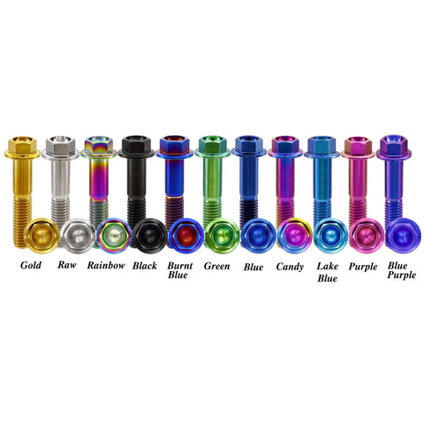 Burnt Blue Titanium Flanged Hex Head Bolt M8x1.25x20mm Pack Of 5 6AL4V with various colorful titanium bolt options displayed