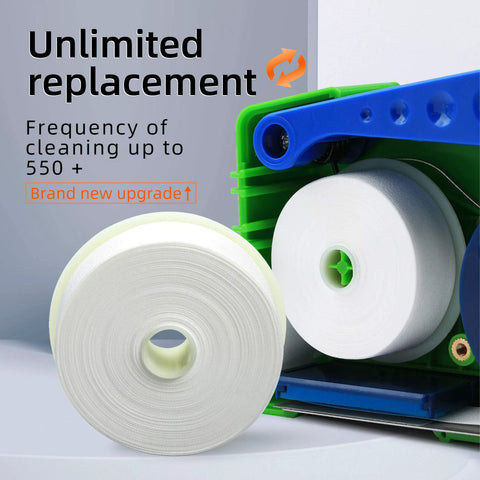 Fiber optic connector cleaner cassette with white reels in blue-green housing; up to 550+ cleans for FC/SC/ST/LC/MU/D4