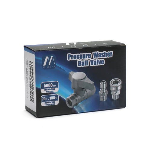 M MINGLE pressure washer ball valve box, 3/8 in. quick-connect, 5000 PSI, blue packaging with logo