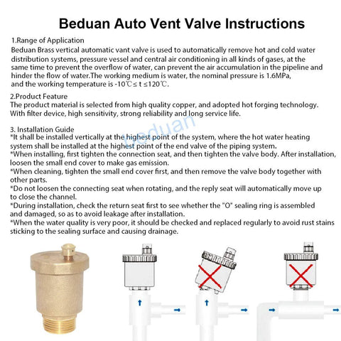 Beduan 10500-VE brass automatic vent valve with 3/4 in male thread and air release valve; installation diagrams.
