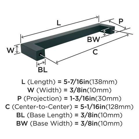 Diagram of Monument Matte Black Cabinet Pull 5-1-16 Inch Center-To-Center with measurements for length, width, and projection.
