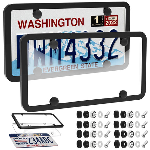 2 Pack Clear License Plate Frame Cover With Curved Surface Design And Bubble Protection Keeps Your Plate Clear From Fading And Rust Anti Corrosion Exterior Automotive Accessory showing black frames, screws, and license plates.