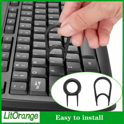 Installing a keycap puller tool on a mechanical keyboard with visible keycaps, showcasing removal process, easy to install.