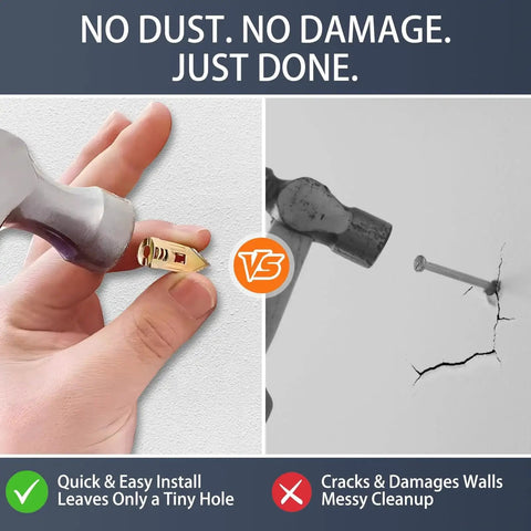 Comparison of a hand installing a Heavy Duty Self Drilling Drywall Anchor Kit With 81 Pieces next to a cracked wall with a nail